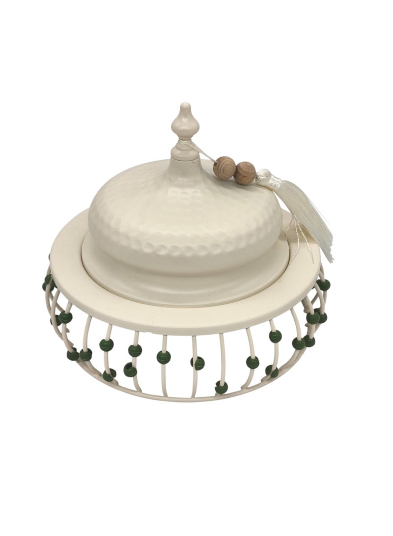 Akdc Metal Tajine With Lid 15Cm*16Cm, White With Green Beads - Image 1